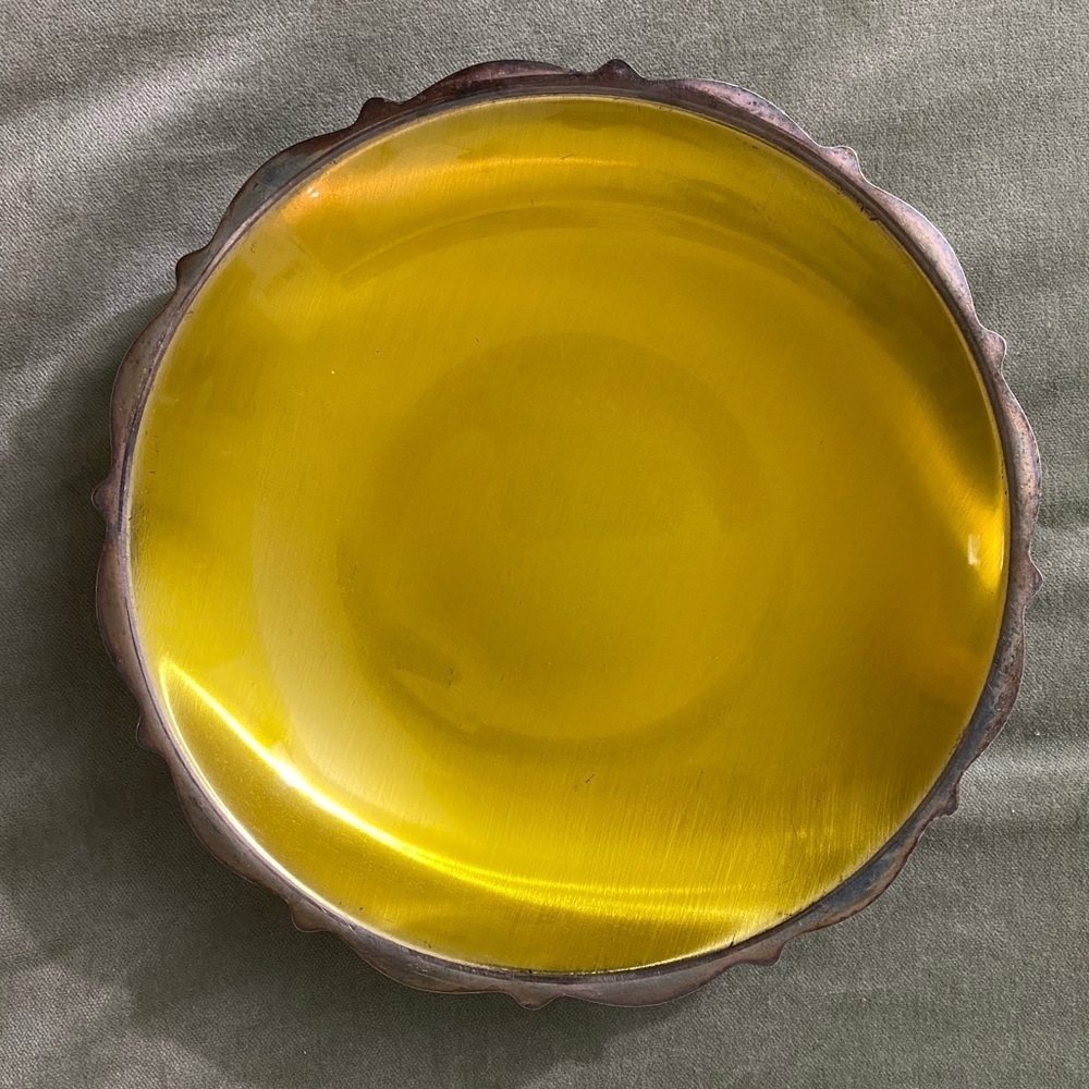 WM A Rogers mid century silver plate yellow enamel pedestal candy dish bowl OSK